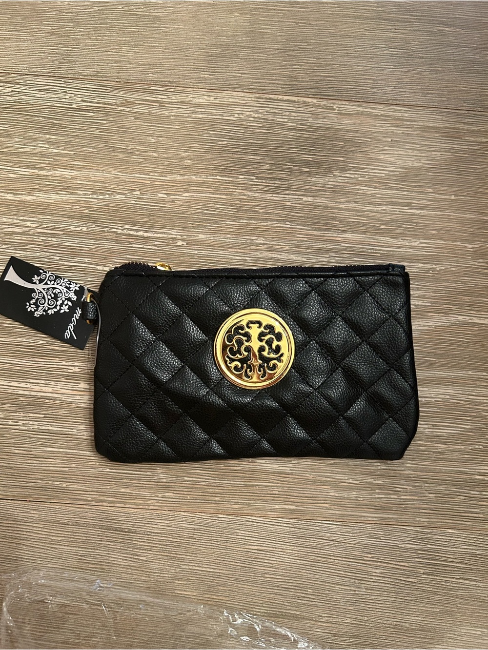 Quilted Black Wristlet Pouch with Gold Medallion